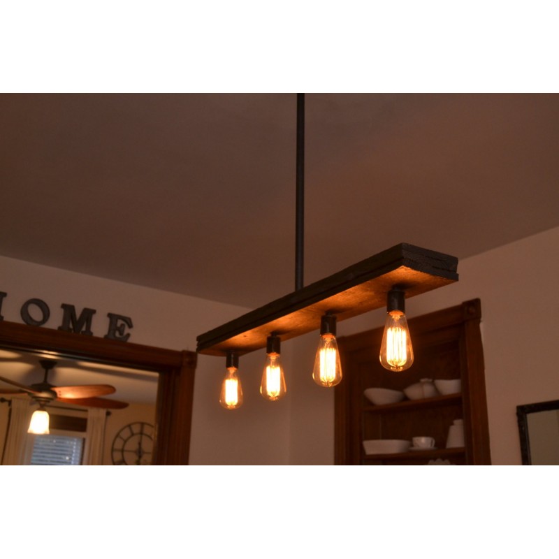 Candelabro Lampara Vintage Industrial Madera y Tuberia 4 Focos Edison