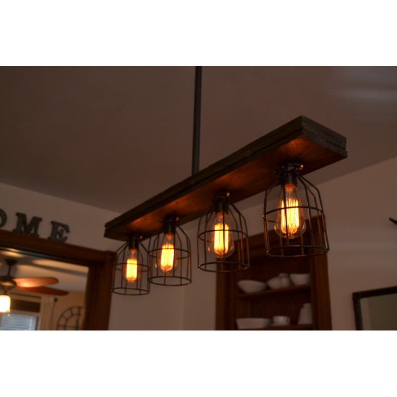 Candelabro Lampara Vintage Industrial Madera y Birdcages 4 Focos Edison