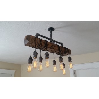 Candelabro Lampara Vintage Industrial Madera y Tuberia 8 Focos Edison