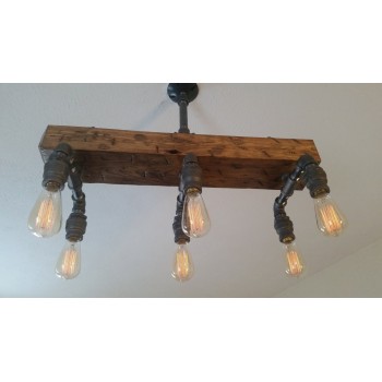 Candelabro Lampara Vintage Industrial Madera y Pendants 6 Focos Edison