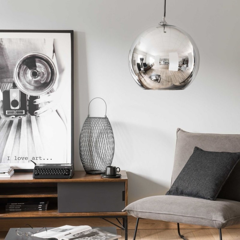 Lámpara Colgante Techo Esfera Globo Plata Silver Shade Grande 45 cms