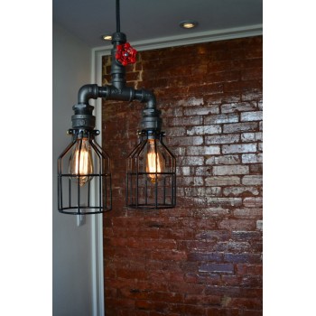Lampara Vintage Industrial Colgante Tuberia Birdcage Llave Roja Doble