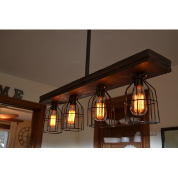 Candelabro Lampara Vintage Industrial Madera y Birdcages 4 Focos Edison