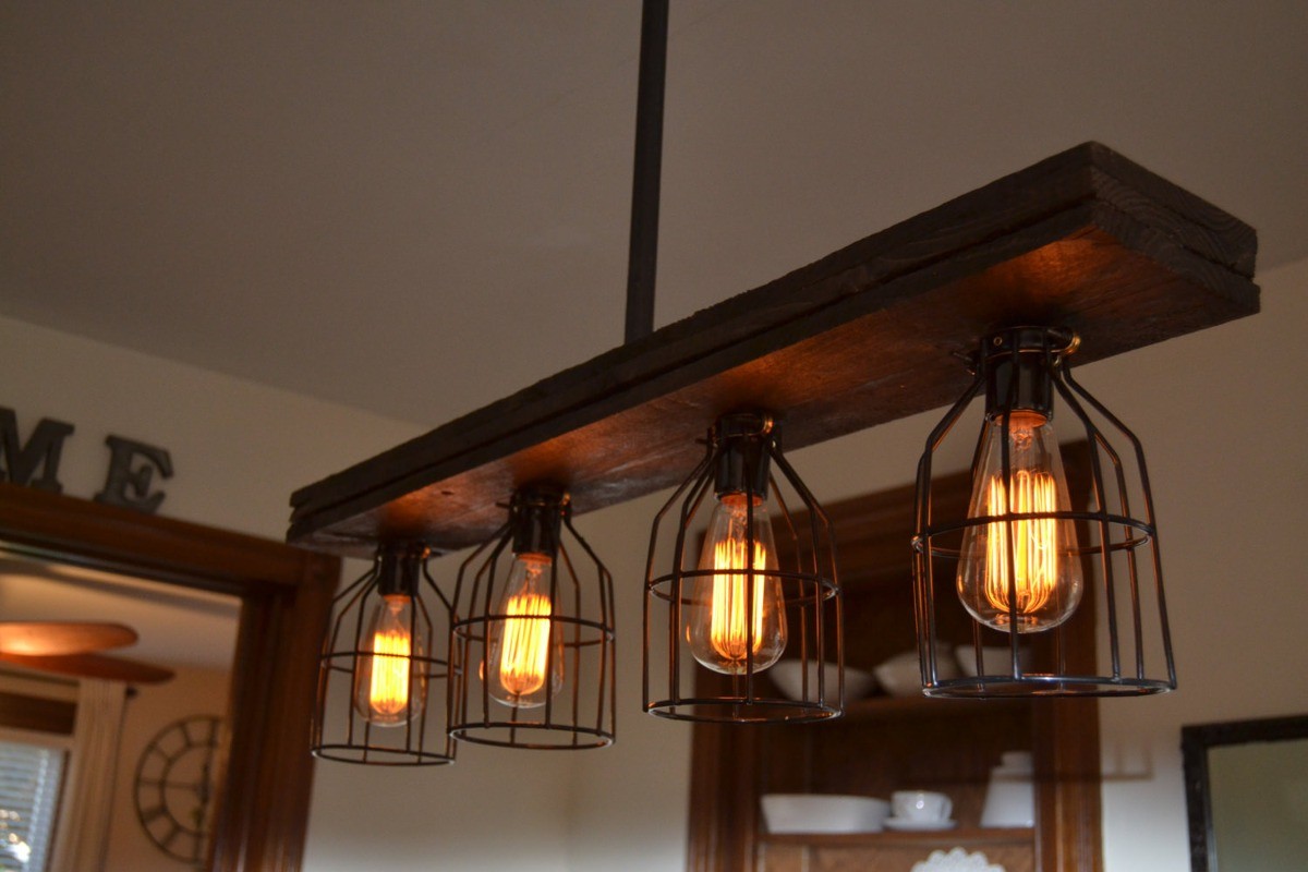 Candelabro Lampara Vintage Industrial Madera y Birdcages 4 Focos Edison
