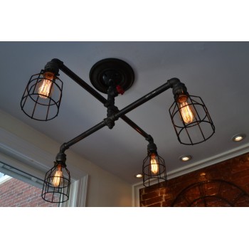 Candelabro Tuberia Lampara Vintage Industrial Araña con Jaulas 4 Focos Edison