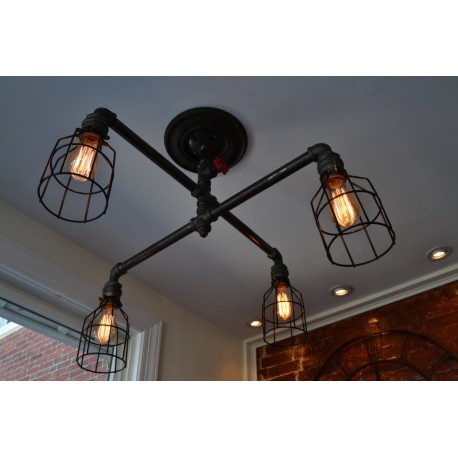 Candelabro Tuberia Lampara Vintage Industrial Araña con Jaulas 4 Focos Edison