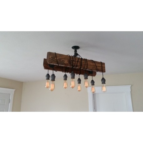 Candelabro Lampara Vintage Industrial Madera y Tuberia Doble 8 Focos Edison