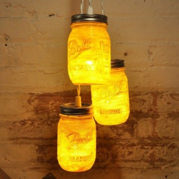 Candelabro Lampara Vintage Industrial Cluster 3 Mason Jars Mostaza