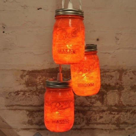 Candelabro Lampara Vintage Industrial Cluster 3 Mason Jars Naranja