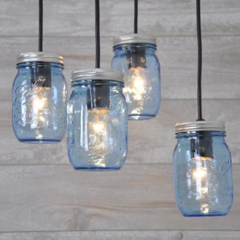 Candelabro Lampara Vintage Industrial Cluster 4 Mason Jars Azul