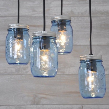 Candelabro Lampara Vintage Industrial Cluster 4 Mason Jars Azul