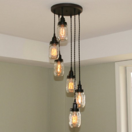 Candelabro Lampara Vintage Industrial Cluster 6 Mason Jars