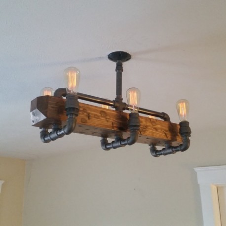 Candelabro Lampara Vintage Industrial Madera y Chandeliers 6 Focos Edison