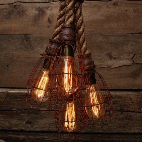 Candelabro Rope Lampara Vintage Industrial Cuerda 4 Jaulas Edison